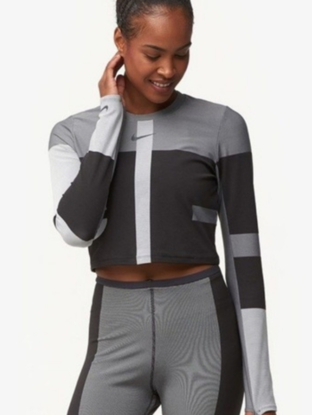 Nike Black & Gray Long-Sleeve Cropped Athletic Top Size Small Like New - Picture 4 of 7